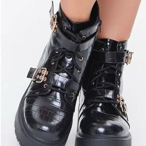 Forever 21 Black Croc-Patterned Combat Boots